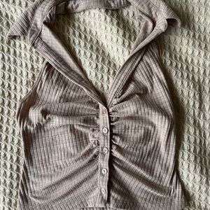 Garage Tan Ribbed Ruched Haulter Top